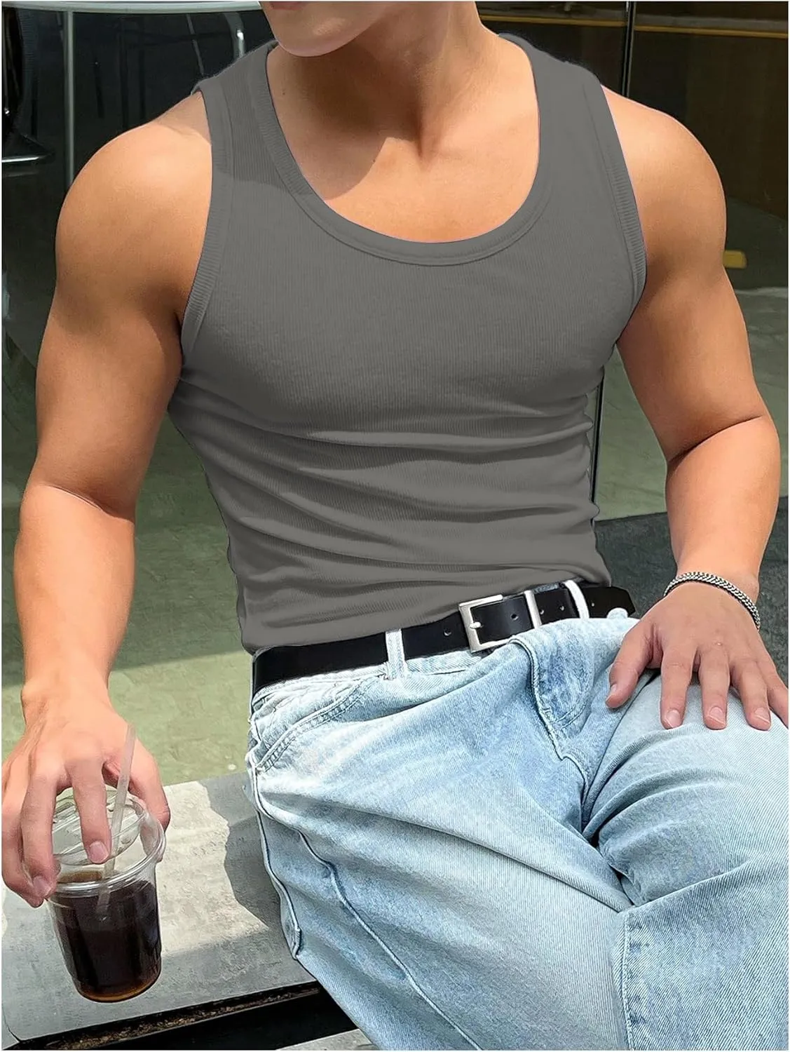 COZYEASE Men's Summer Tank Top Scoop Neck Workout Gym Muscle Tank T-Shirt Sleeveless Undershirt