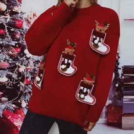 Elk 3D Decoration Christmas Sweater - Long Sleeve Knit Pullover Elk 3D Decoration Christmas Sweater - Long Sleeve Knit Pullover