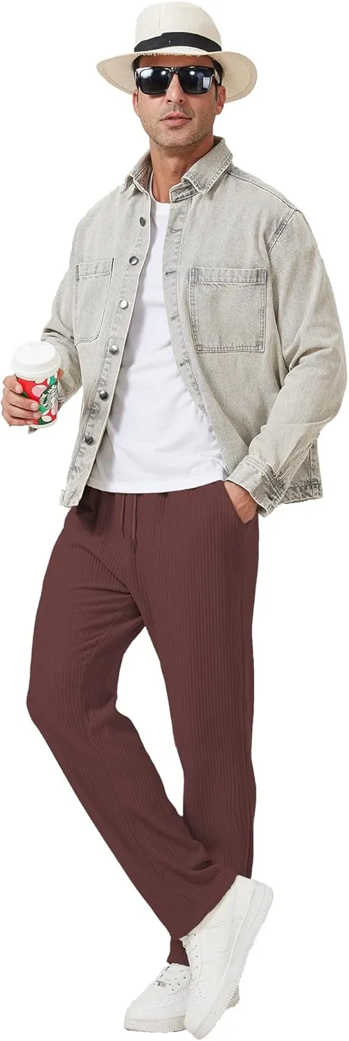 Men's Casual Pants Lightweight Stretch Loose Fit Ribbed Jacquard Knit Textured Drawstring Pants with Pockets