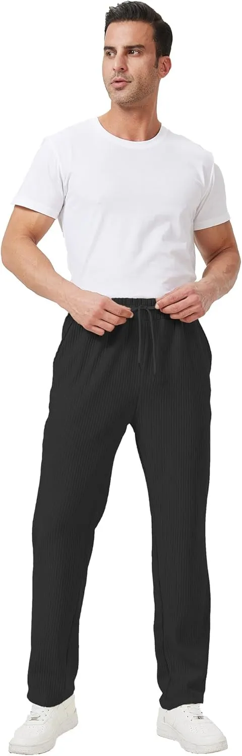 Men's Casual Pants Lightweight Stretch Loose Fit Ribbed Jacquard Knit Textured Drawstring Pants with Pockets