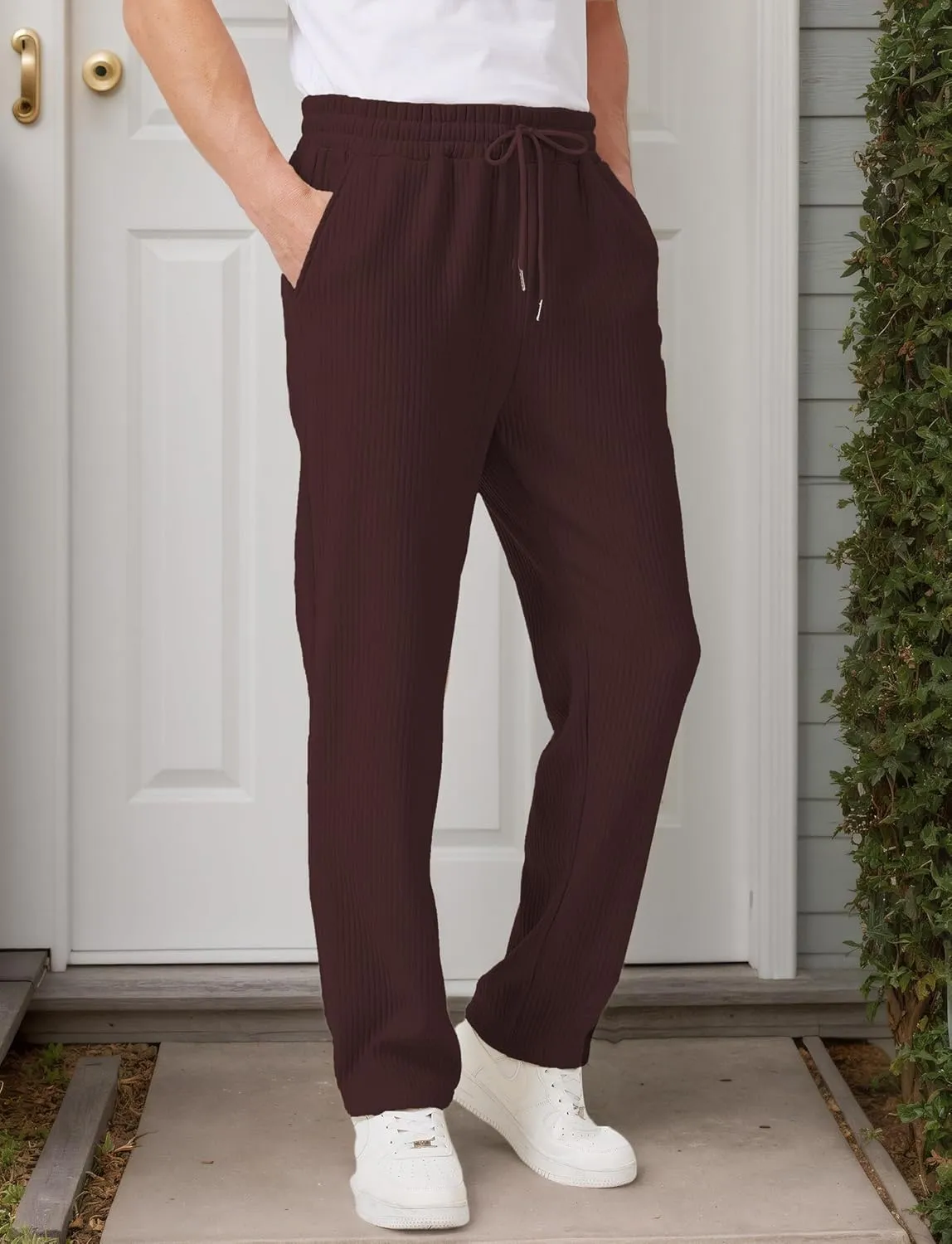 Men's Casual Pants Lightweight Stretch Loose Fit Ribbed Jacquard Knit Textured Drawstring Pants with Pockets