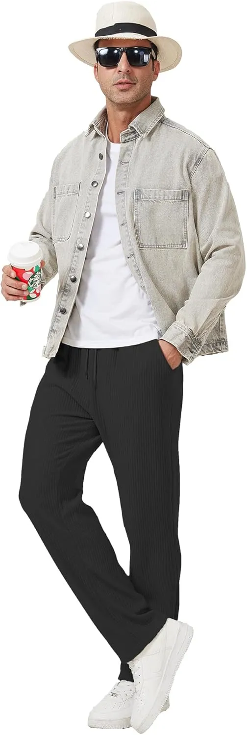 Men's Casual Pants Lightweight Stretch Loose Fit Ribbed Jacquard Knit Textured Drawstring Pants with Pockets