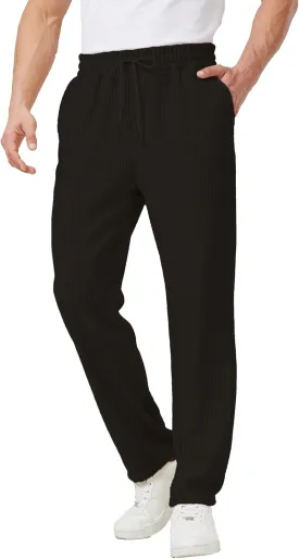 Men's Casual Pants Lightweight Stretch Loose Fit Ribbed Jacquard Knit Textured Drawstring Pants with Pockets