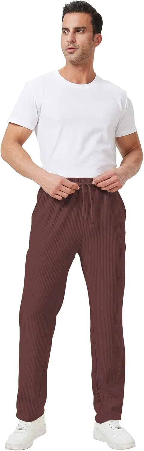 Men's Casual Pants Lightweight Stretch Loose Fit Ribbed Jacquard Knit Textured Drawstring Pants with Pockets