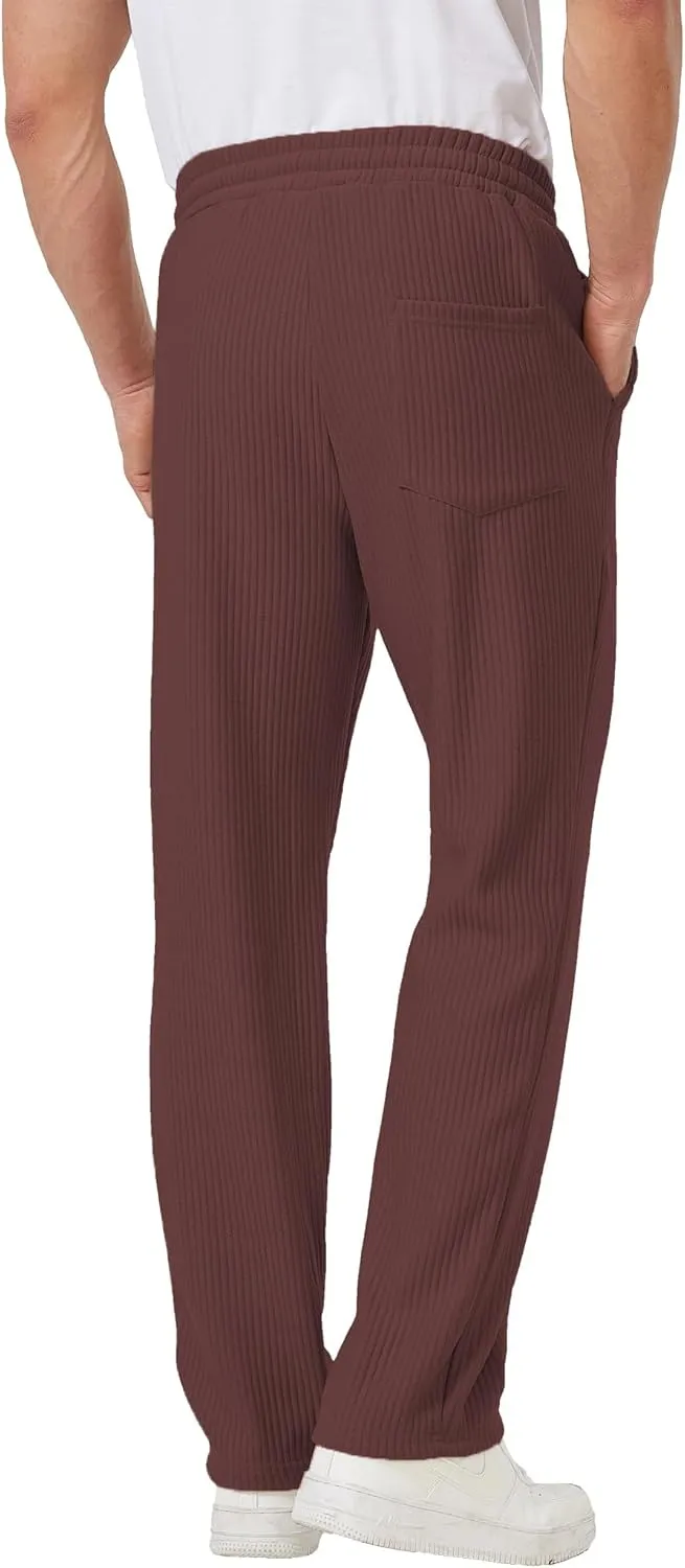 Men's Casual Pants Lightweight Stretch Loose Fit Ribbed Jacquard Knit Textured Drawstring Pants with Pockets