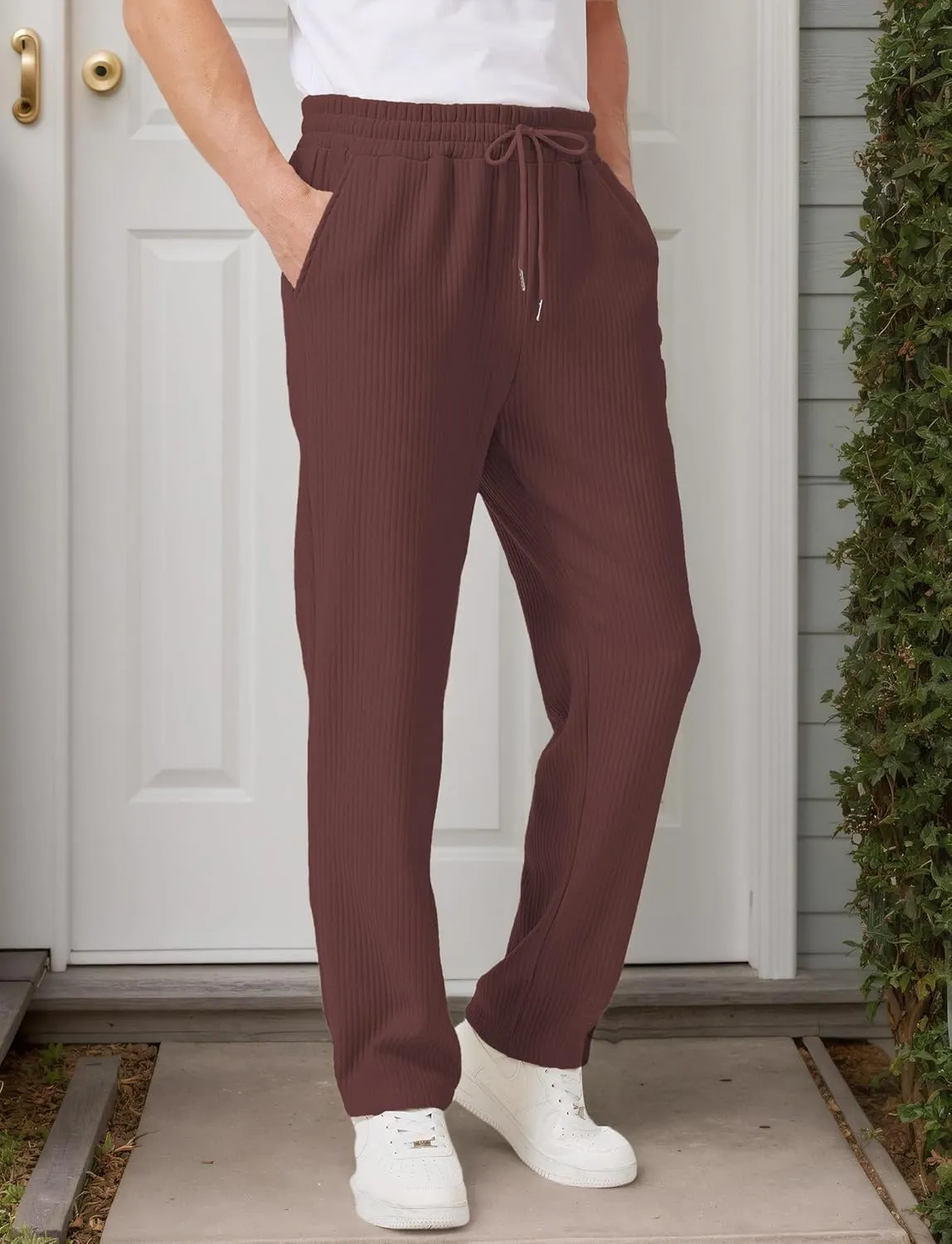 Men's Casual Pants Lightweight Stretch Loose Fit Ribbed Jacquard Knit Textured Drawstring Pants with Pockets