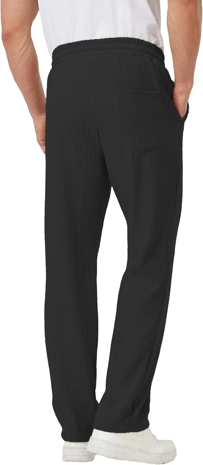 Men's Casual Pants Lightweight Stretch Loose Fit Ribbed Jacquard Knit Textured Drawstring Pants with Pockets