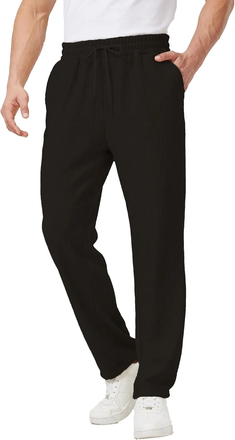 Men's Casual Pants Lightweight Stretch Loose Fit Ribbed Jacquard Knit Textured Drawstring Pants with Pockets