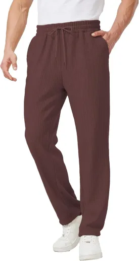 Men's Casual Pants Lightweight Stretch Loose Fit Ribbed Jacquard Knit Textured Drawstring Pants with Pockets