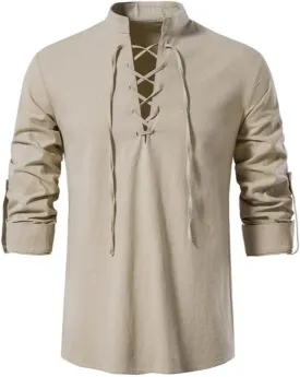 Men's Long Sleeve Shirts Retro Style Lace up for Medieval,Viking,Hippie Halloween Cosplay Pirate Renaissance Costume