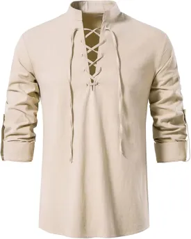 Men's Long Sleeve Shirts Retro Style Lace up for Medieval,Viking,Hippie Halloween Cosplay Pirate Renaissance Costume