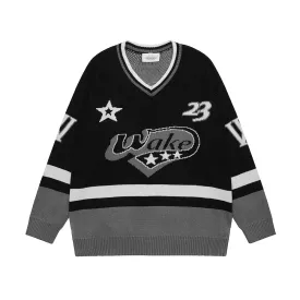 Wiaofellas Color Match V Neck Letter Stars Patchwork Pullover Sweaters for Men and Women Vintage Baggy Y2k Knitted Clothes Oversized Sueter